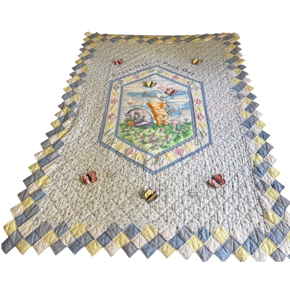 Vintage Classic Winnie the Pooh Twin Quilt Blanket Embroidered Butterfly